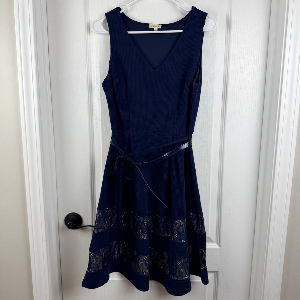 Haani‎ Navy Blue Textured Fit Flare Dress S Small Lace Hem V-Neck Sleeveless